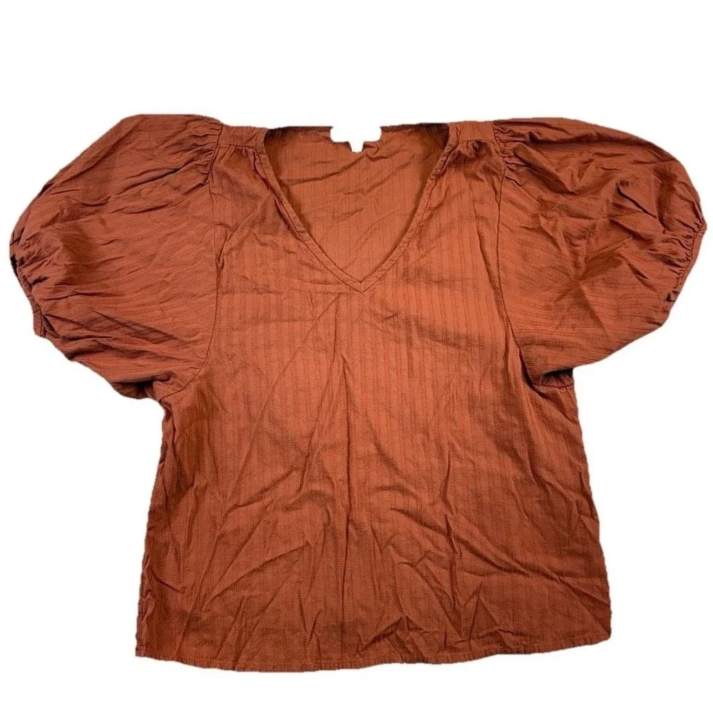 Madewell Burnt Orange Puff Sleeve Relaxed Peasant Top‎ Textured XS Boho Festival